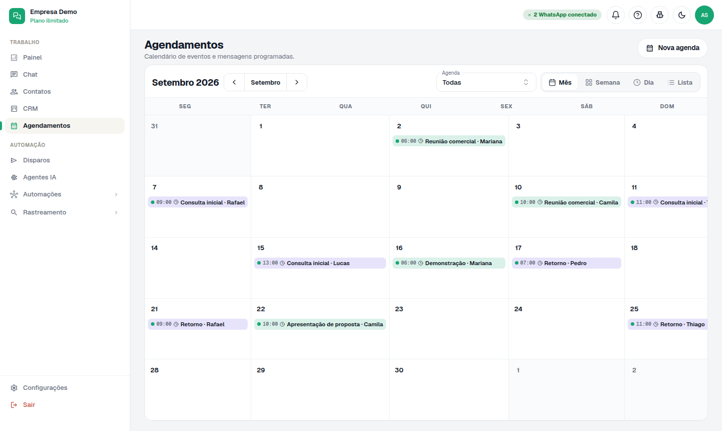 Agendamentos: calendário e agendas.