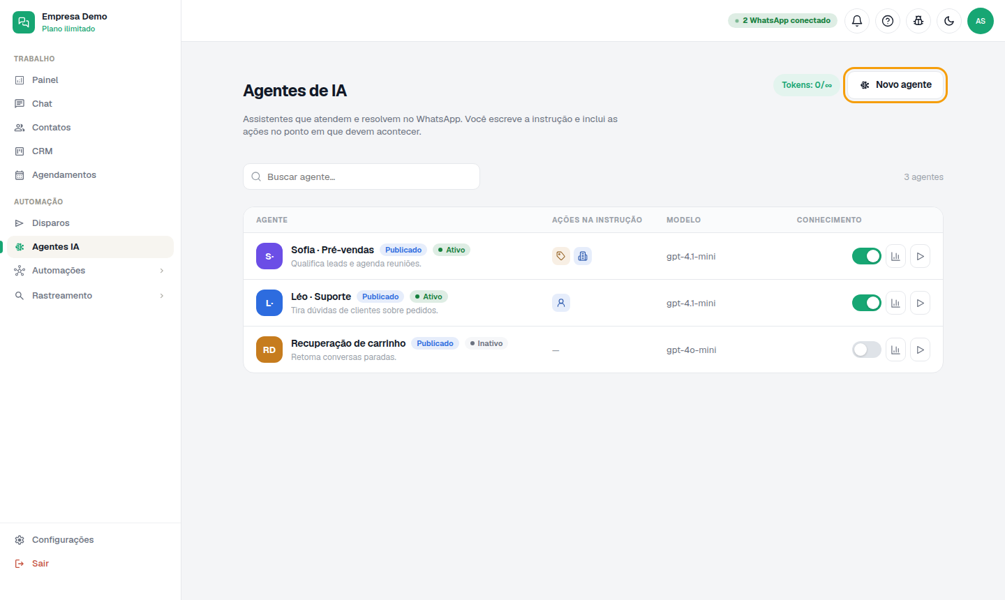 Agentes IA, com o botão "Novo agente".