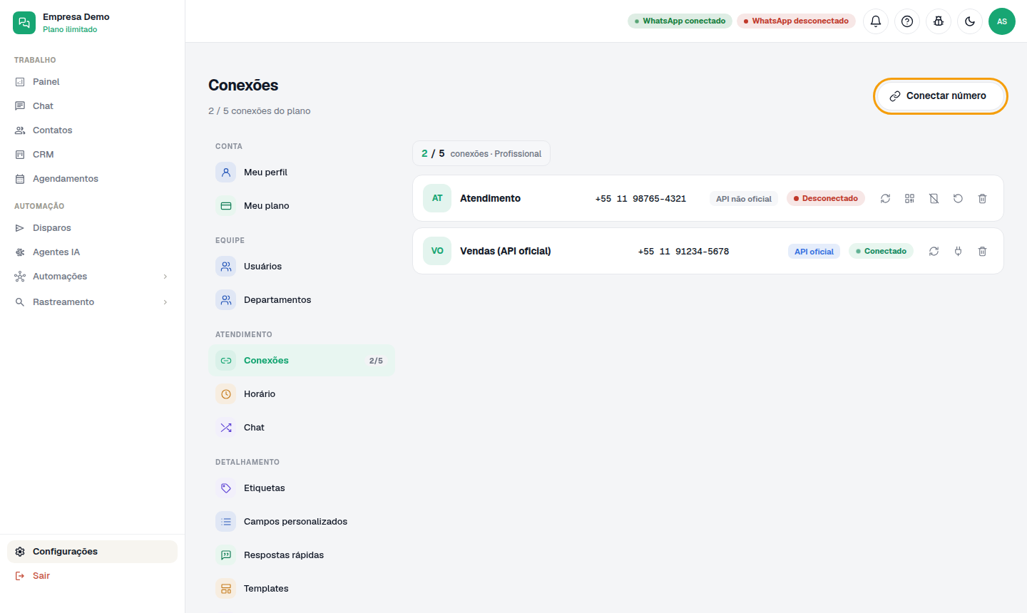 Configurações › Conexões, com o botão "Conectar número".