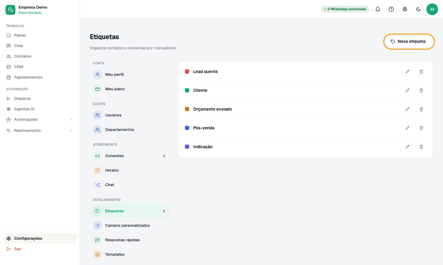 Configurações › Etiquetas, com o botão "Nova etiqueta".