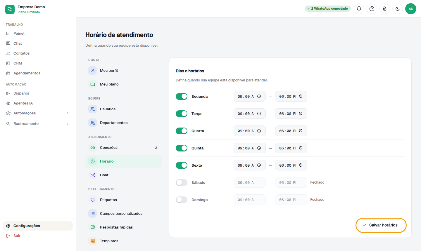 Configurações › Horário de atendimento.