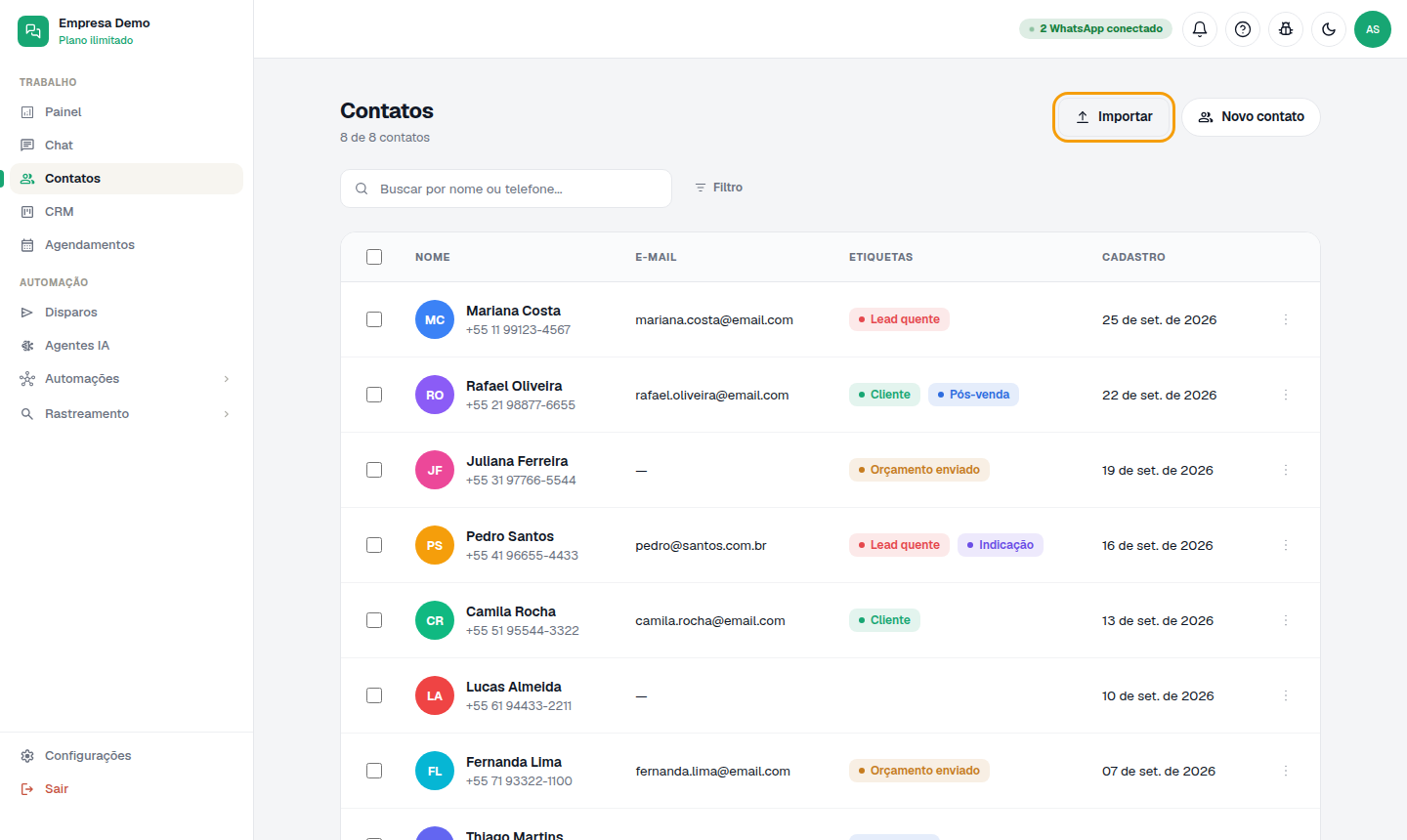 Contatos, com os botões "Importar" e "Novo contato".