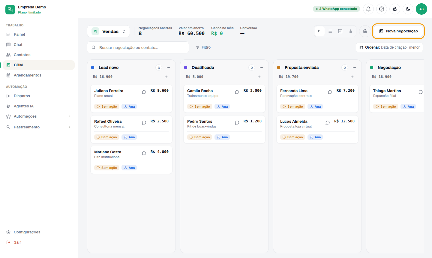 CRM em modo Board, com as etapas da pipeline.