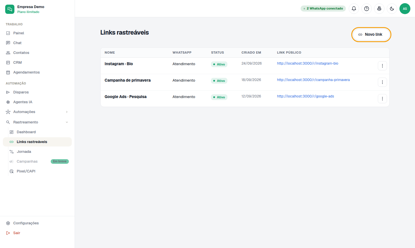 Rastreamento › Links rastreáveis, com o botão "Novo link".