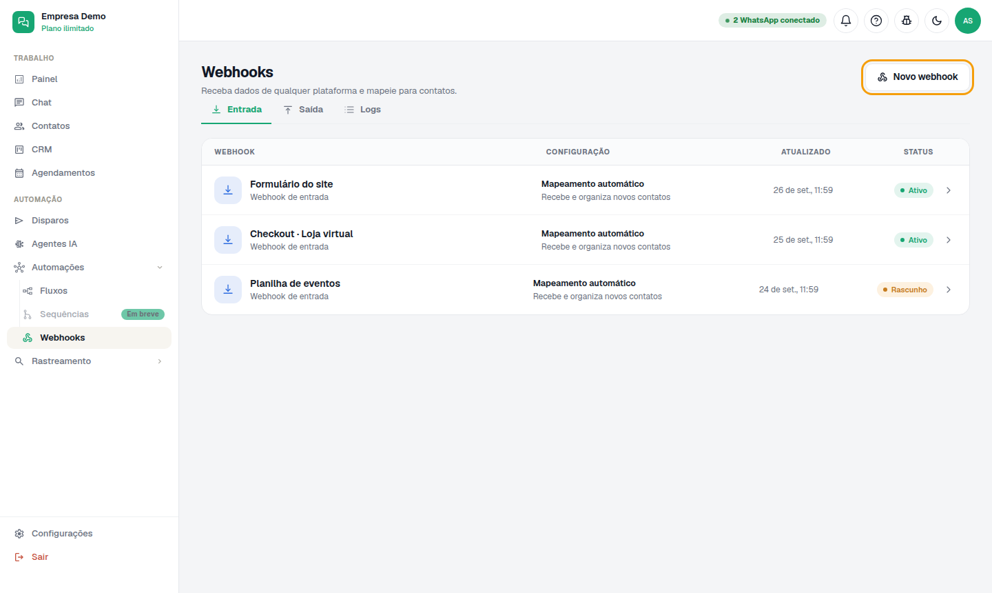 Automações › Webhooks, aba Entrada.